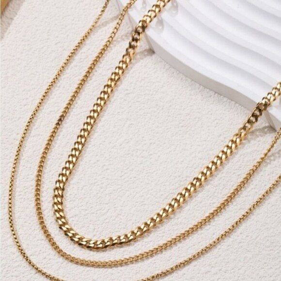 Layered 18K Gold Plated Stainless Steel Chain Necklace Set For Women Adjustable - Picture 2 of 5